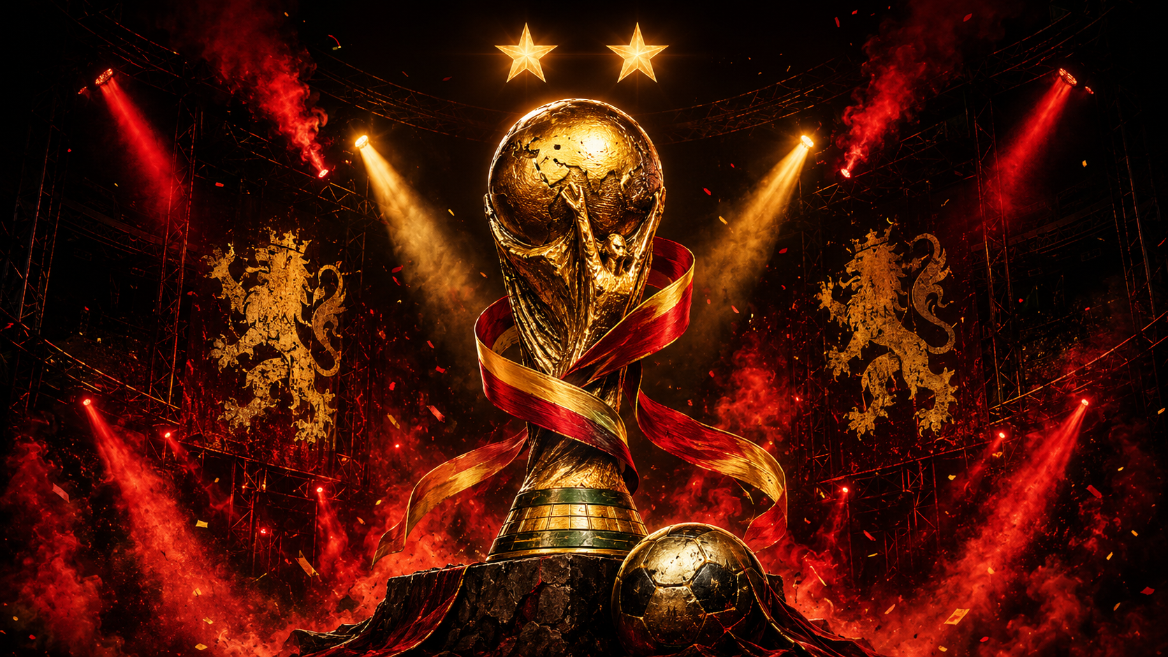 Ilustración editorial de la Copa del Mundo bajo luces rojas y doradas con dos estrellas